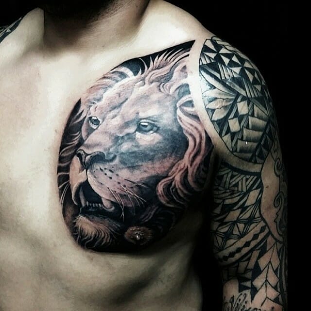 Side Face Lion Chest Tattoo