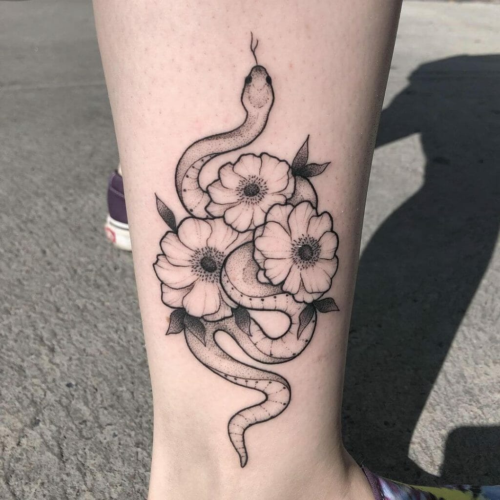 Simple Snake And Flower Tattoo