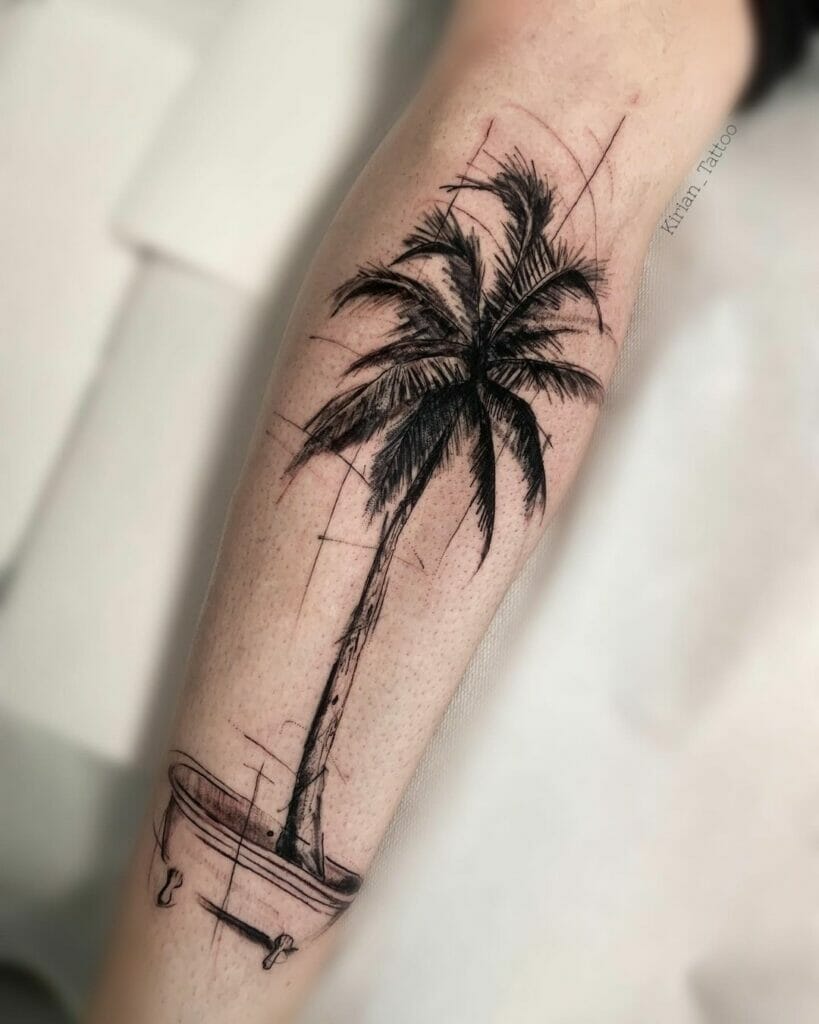 Sketchy Watercolour Palm Tree Tattoo On Arm