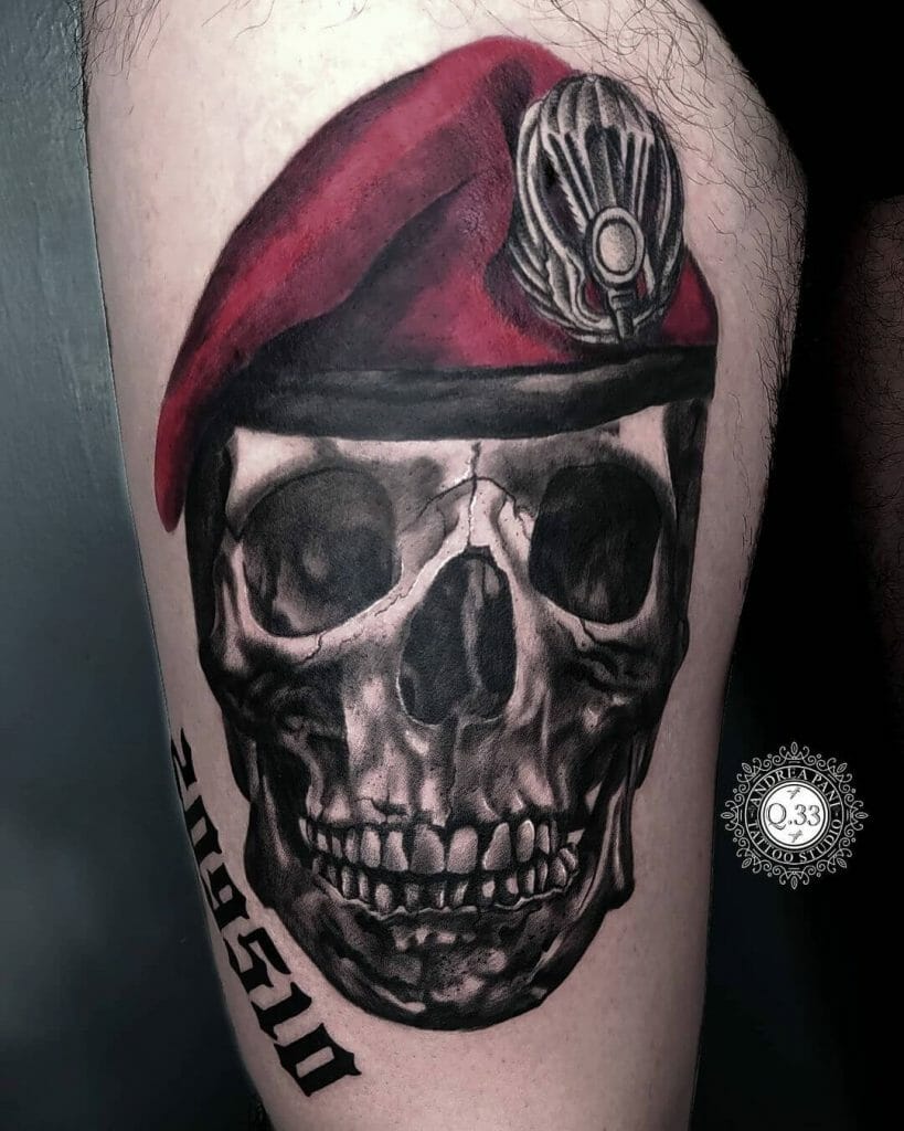 Skull With Maroon Military Beret Tattoo