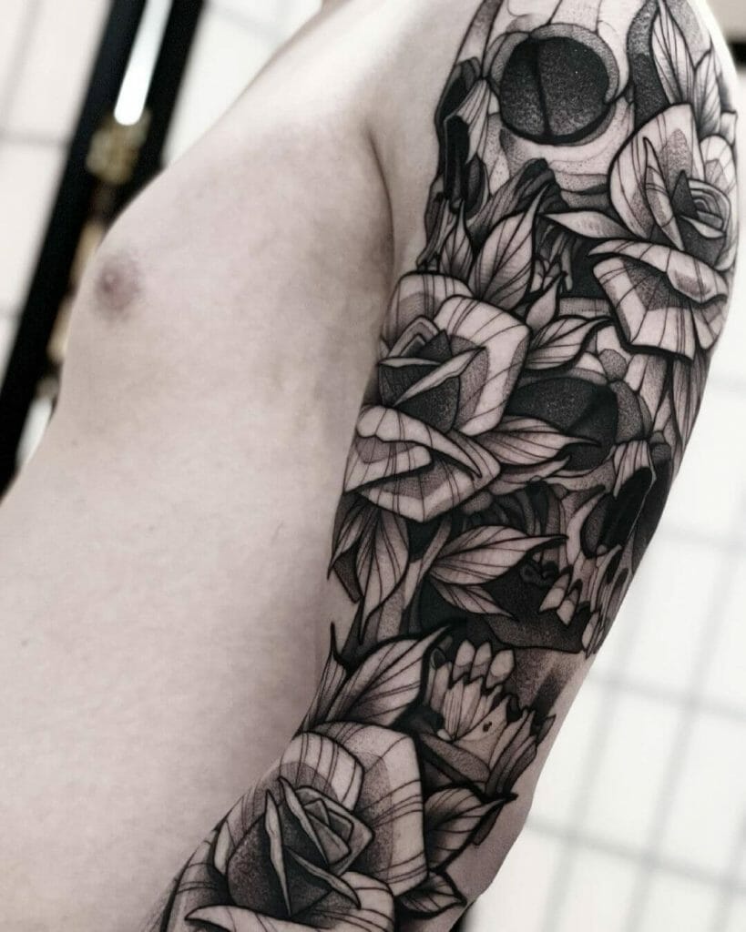 Skulls And Roses Full Arm Sleeve Tattoo