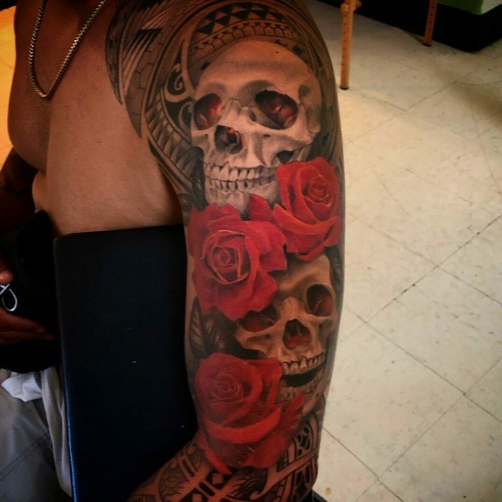 Skulls And Roses Tattoo Design On A Maori Pattern