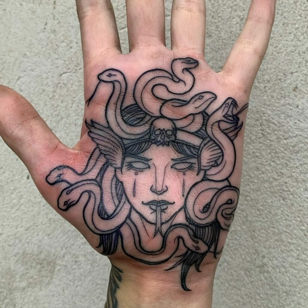 Small Medusa Tattoo On Palm