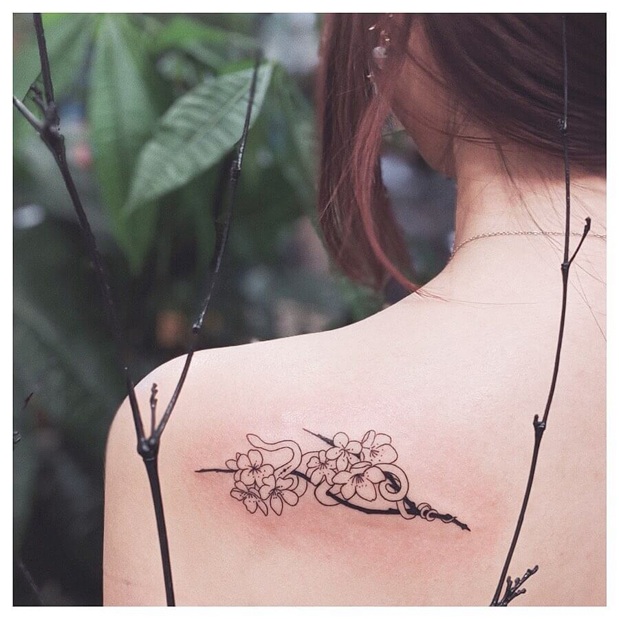 Small Snake Tattoos On Flower Branch