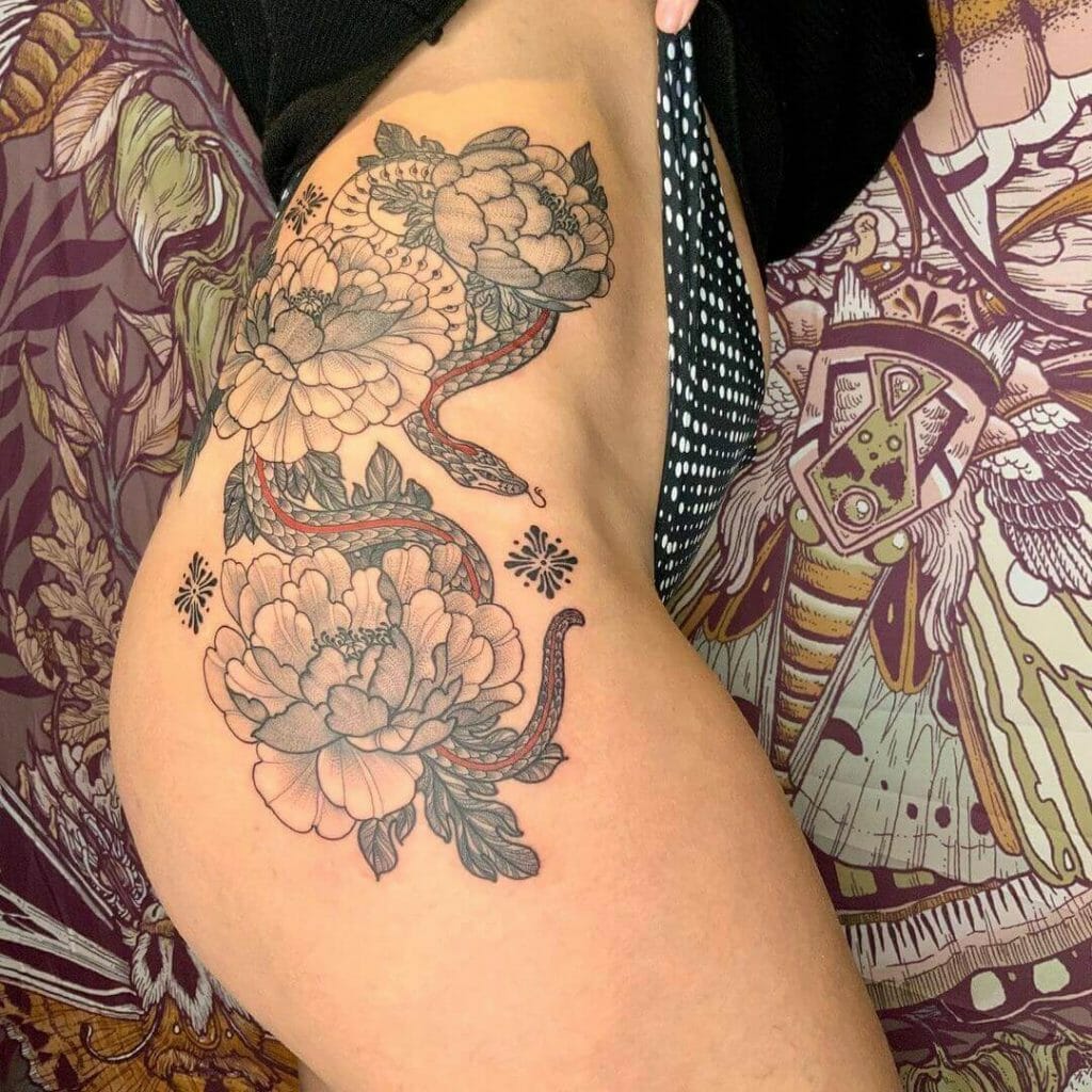 Snake And Peony Flowers Tattoo
