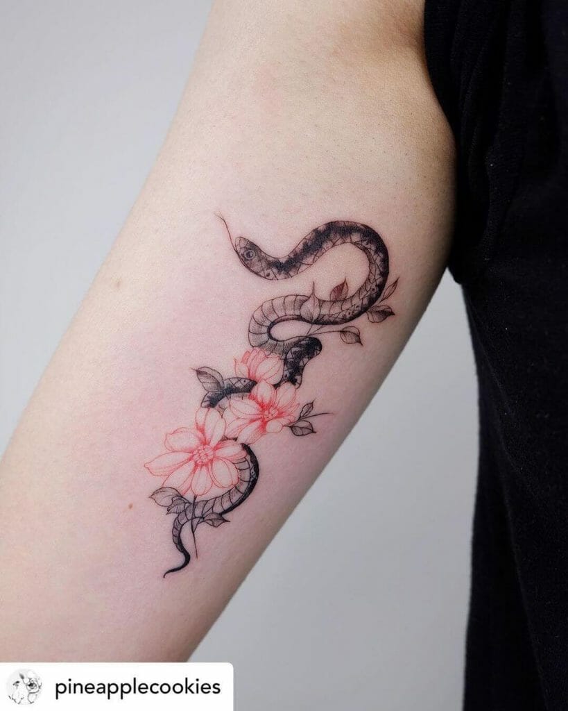 Snake And Red Flowers Tattoo