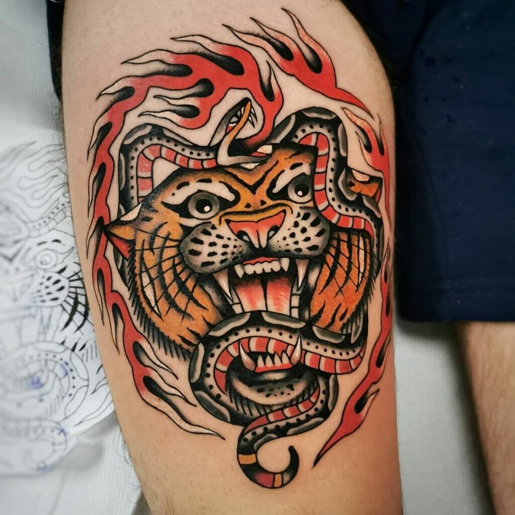 Snake And Traditional Tiger Tattoo
