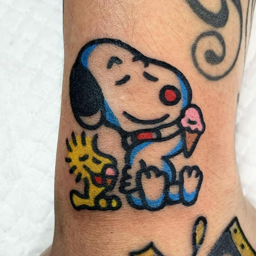 Snoopy Eating Icecream With Woodstock Tattoo