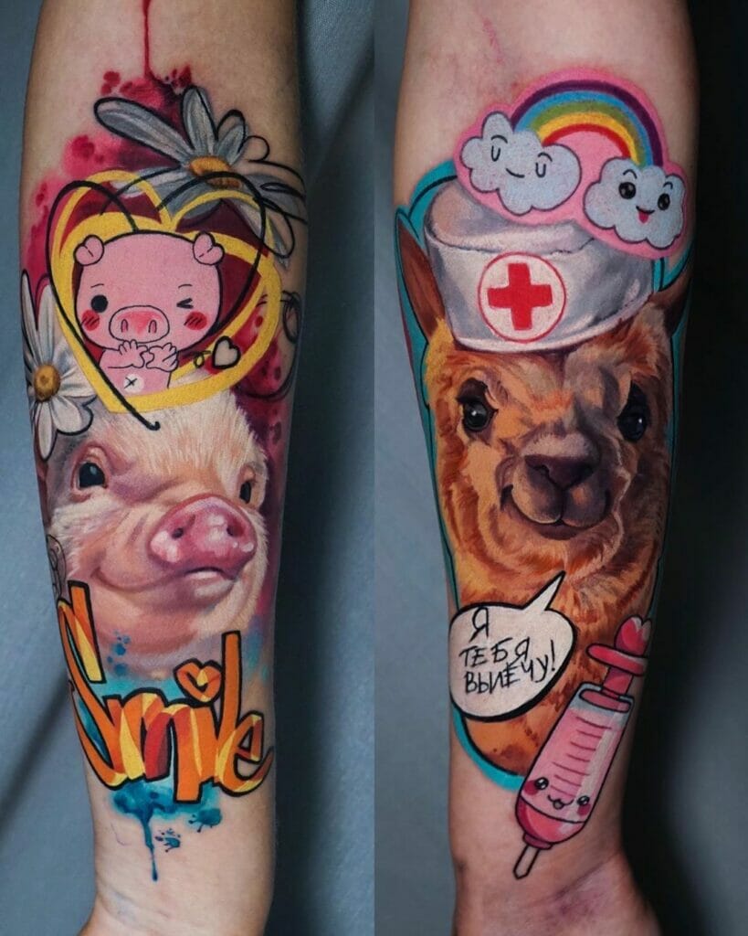 Social Animals Pig And Llama Colorful Tattoo