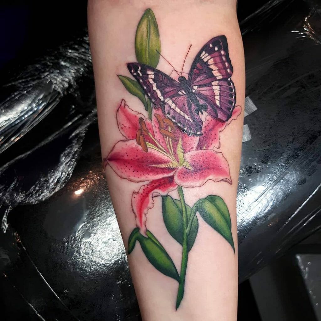 Stargazer Lily And Butterfly Tattoo