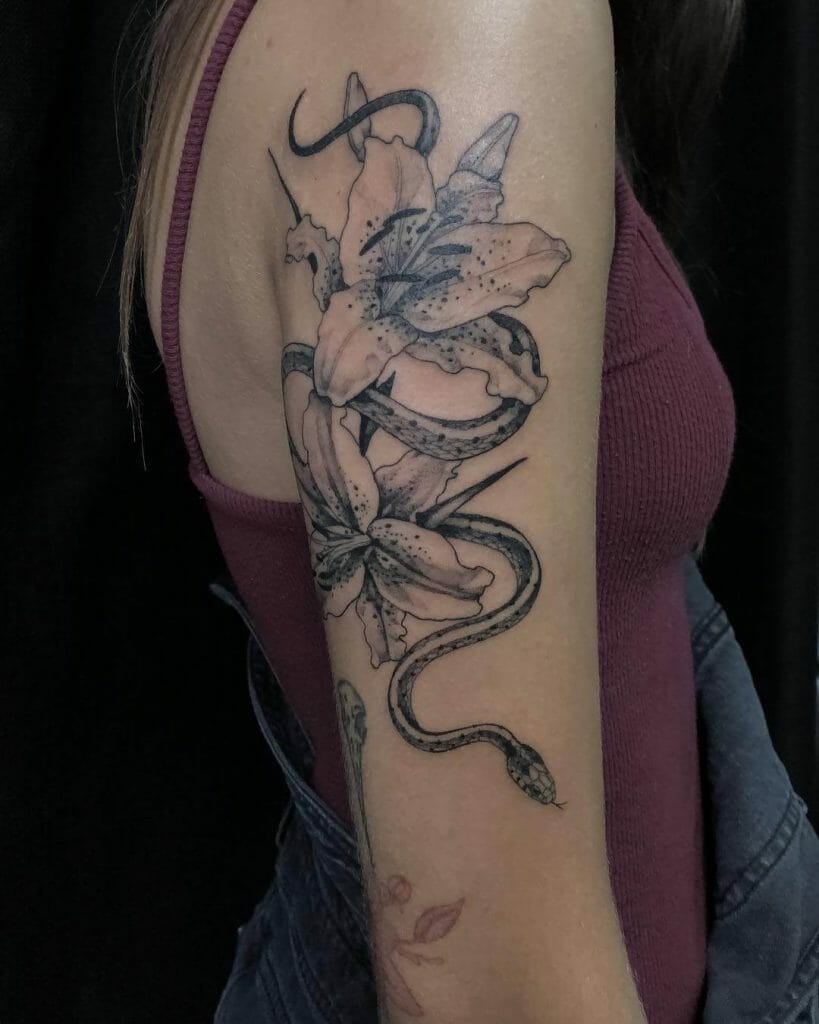 Stargazer Lily Tattoos with Serpent