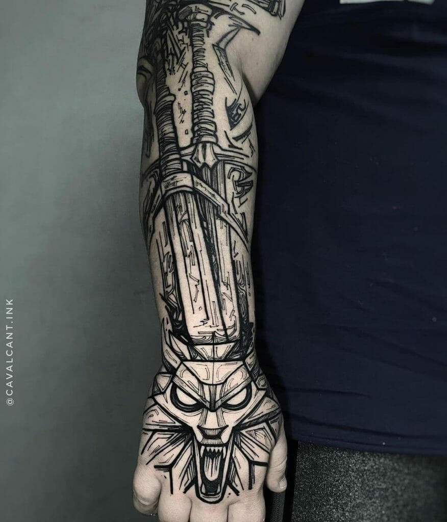 Stunning Black And White Witcher Wolf Tattoo Idea