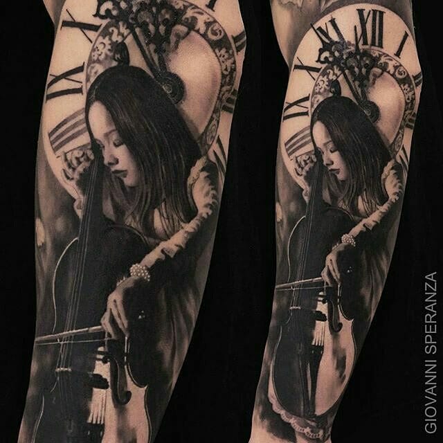 Stunning Blackwork Sleeve Cello Tattoo