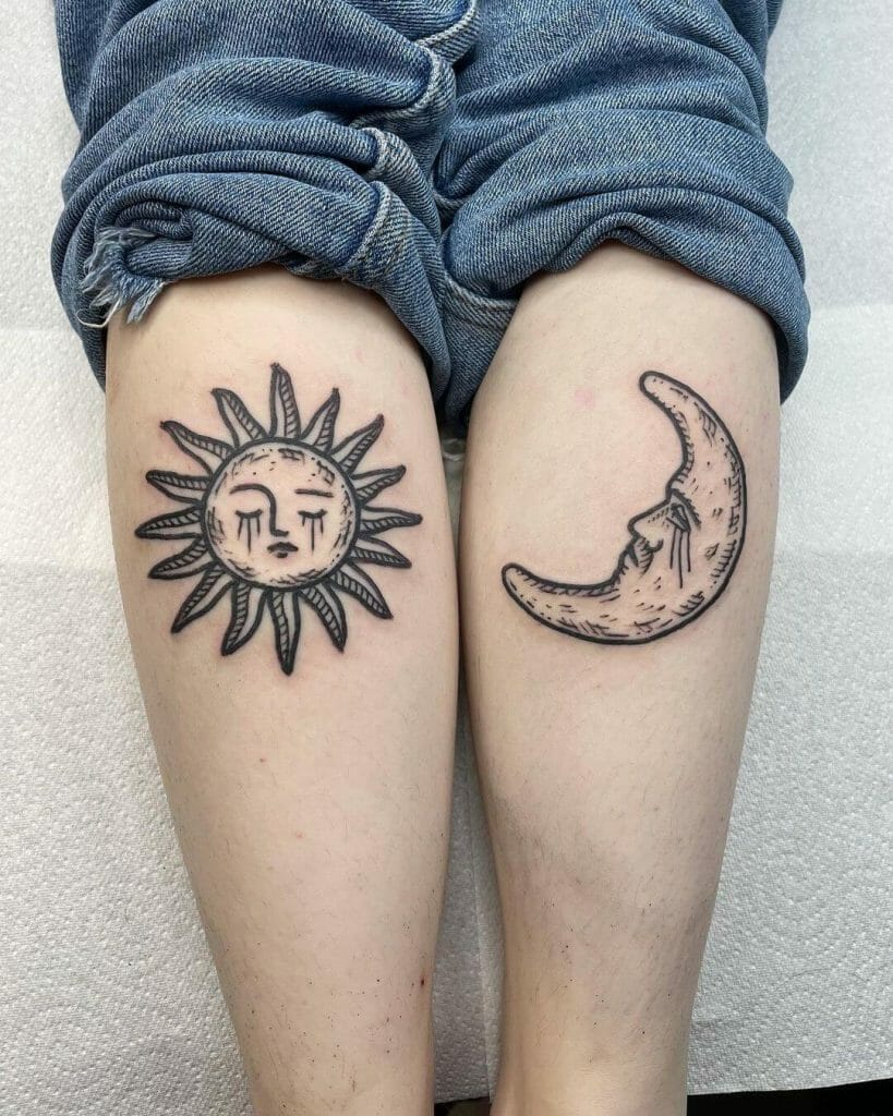 Sun and Moon Thighs Tattoo