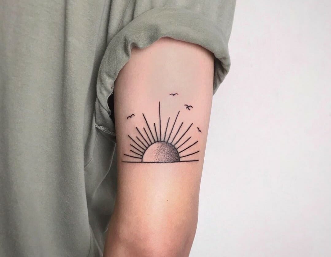 Small fine line sunset temporary tattoo designed by
