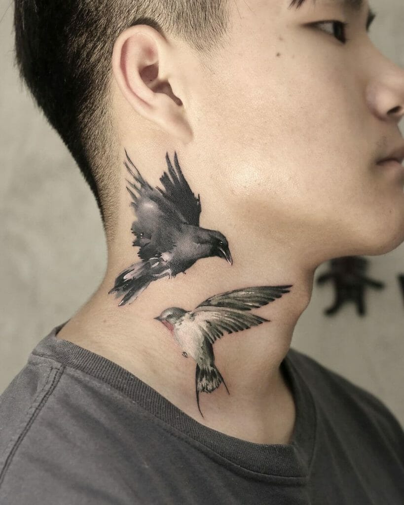 Swallow And Raven Neck Tattoo Idea