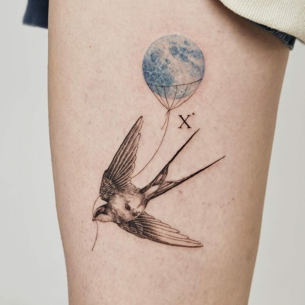 Swallow X Moon Tattoo Design