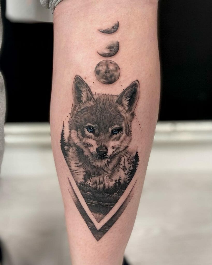 Tattoo Of Baby Wolf With A Moon