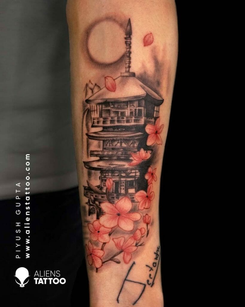 Temple Tattoo With Peach Cherry Blossoms