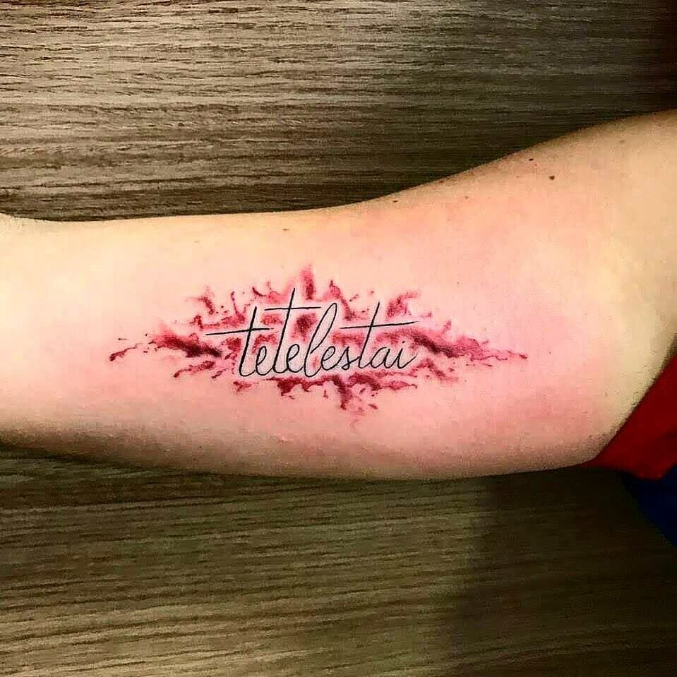 Tetelestai Splattered In Blood Tattoo