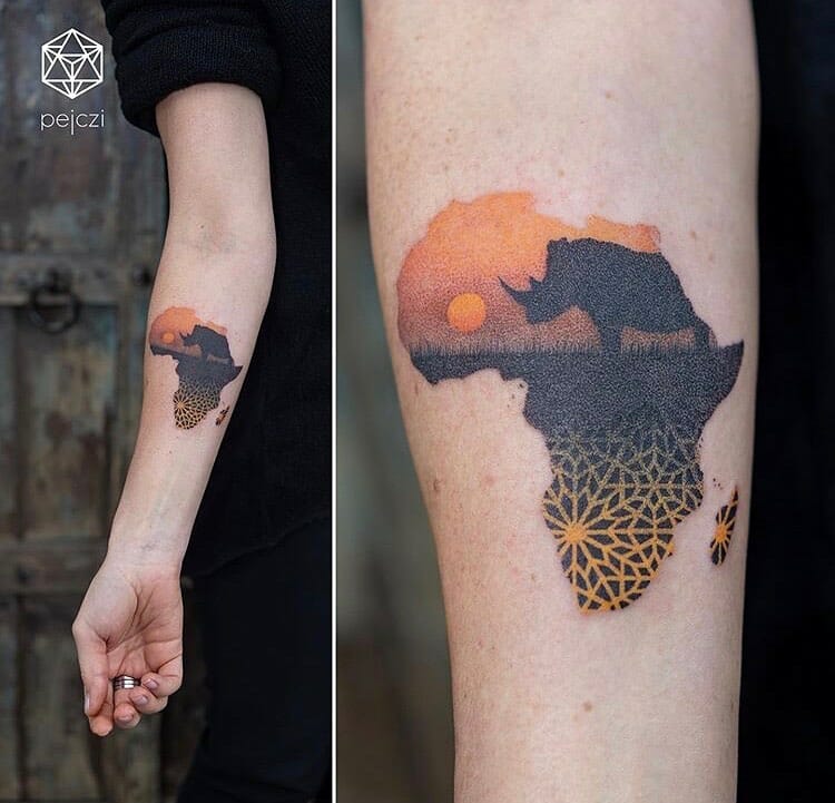 The African Dawn And The Rhino Tattoo