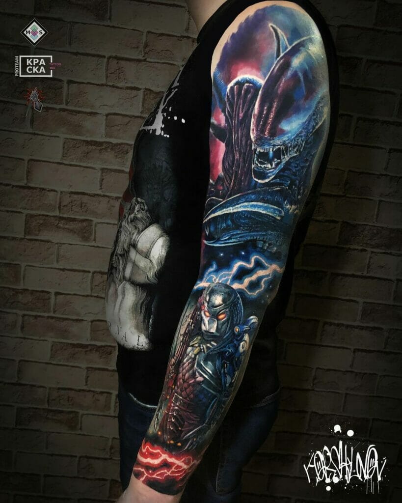 The Alien And Predator Tattoo Sleeve