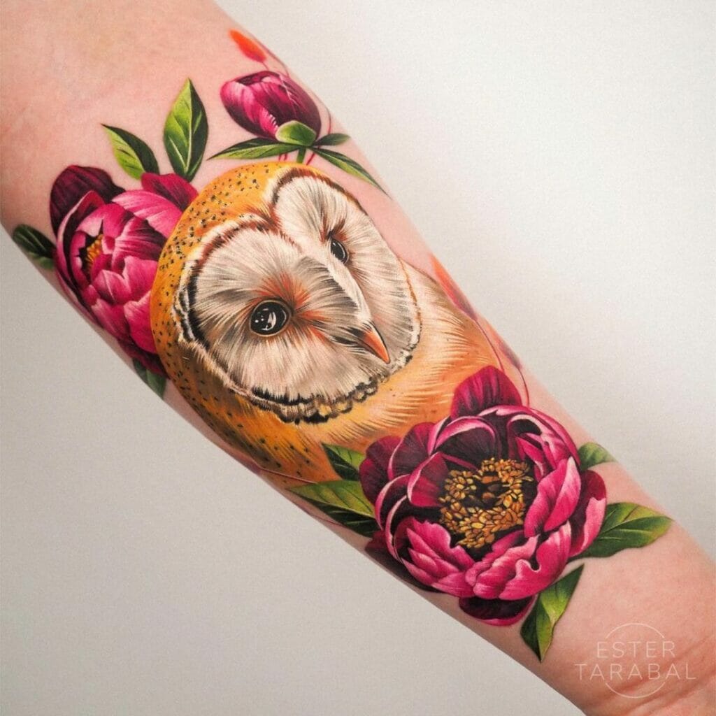 The Barn Owl And Peony Tattoo