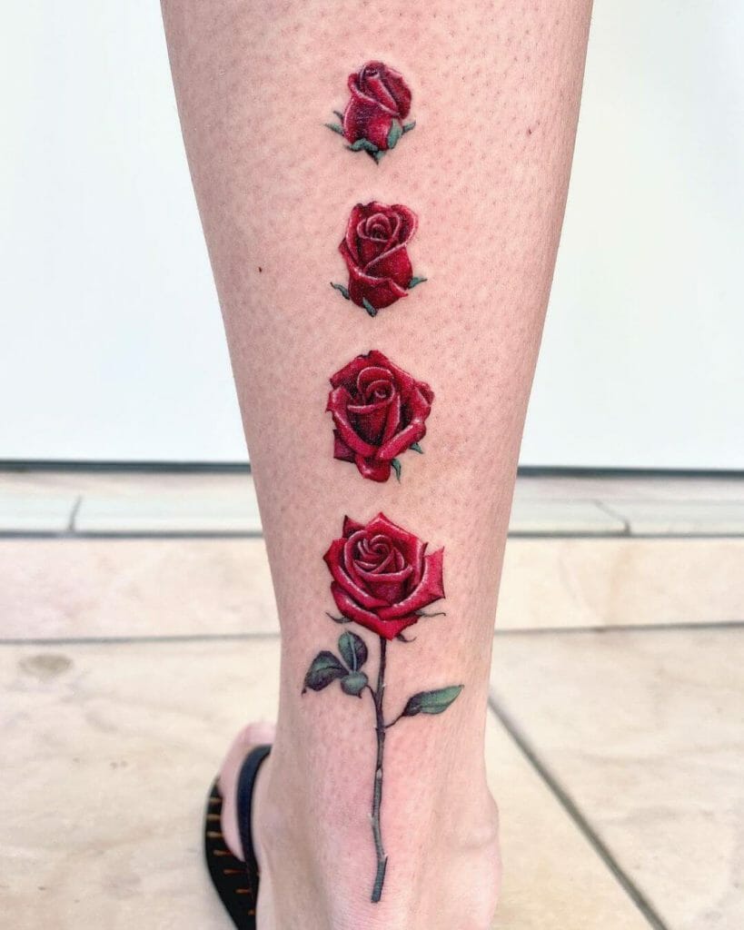 The Blooming Red Rose Leg Tattoo