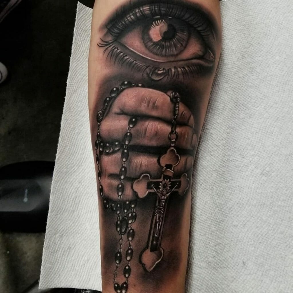 The Realistic All-Seeing Eye And Rosary Tattoo