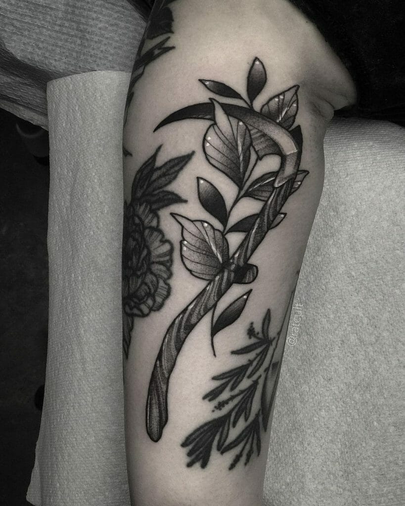 The Scythe And Nature Black Work Tattoo