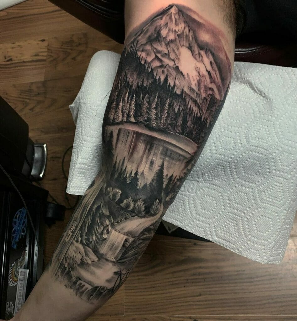 The Stunning Grey-Black Mountain Lake And River Tattoo Sleeve