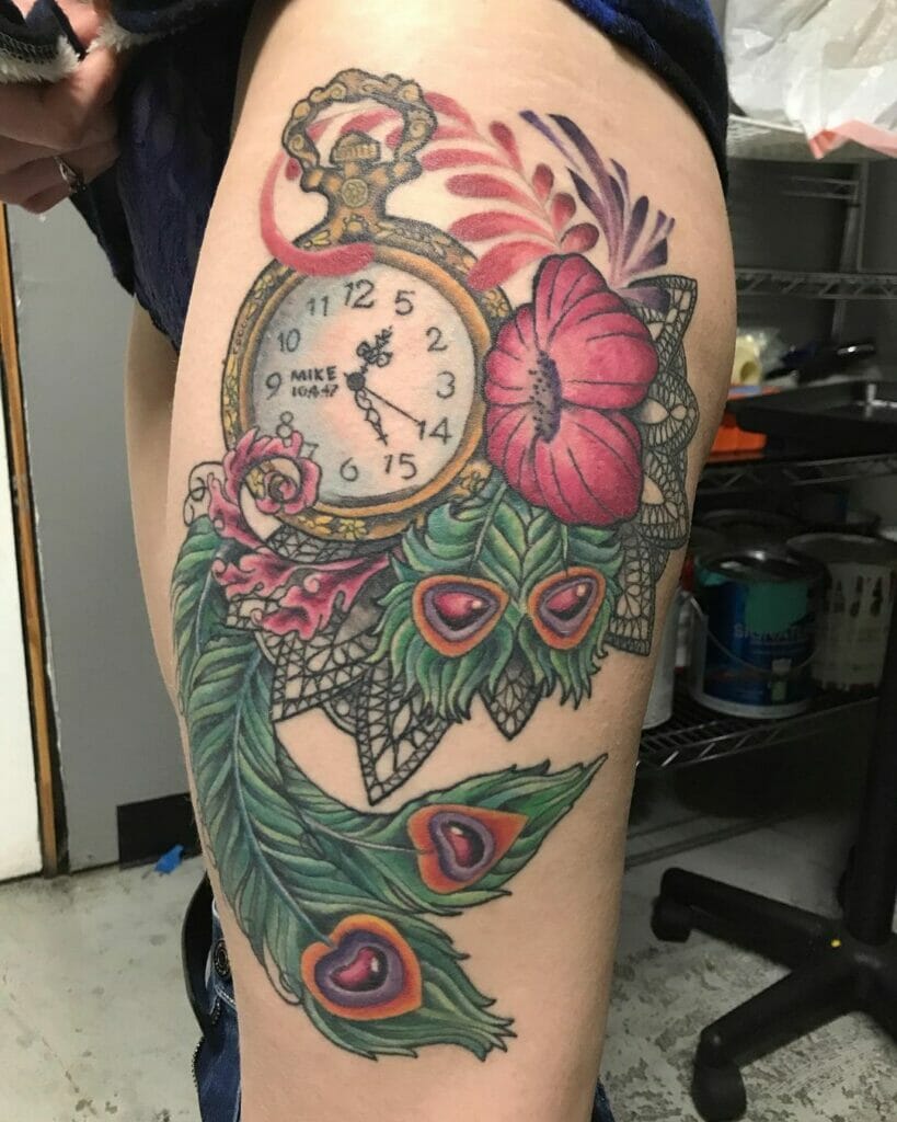 The Timepiece And Peacock Feather Tattoo