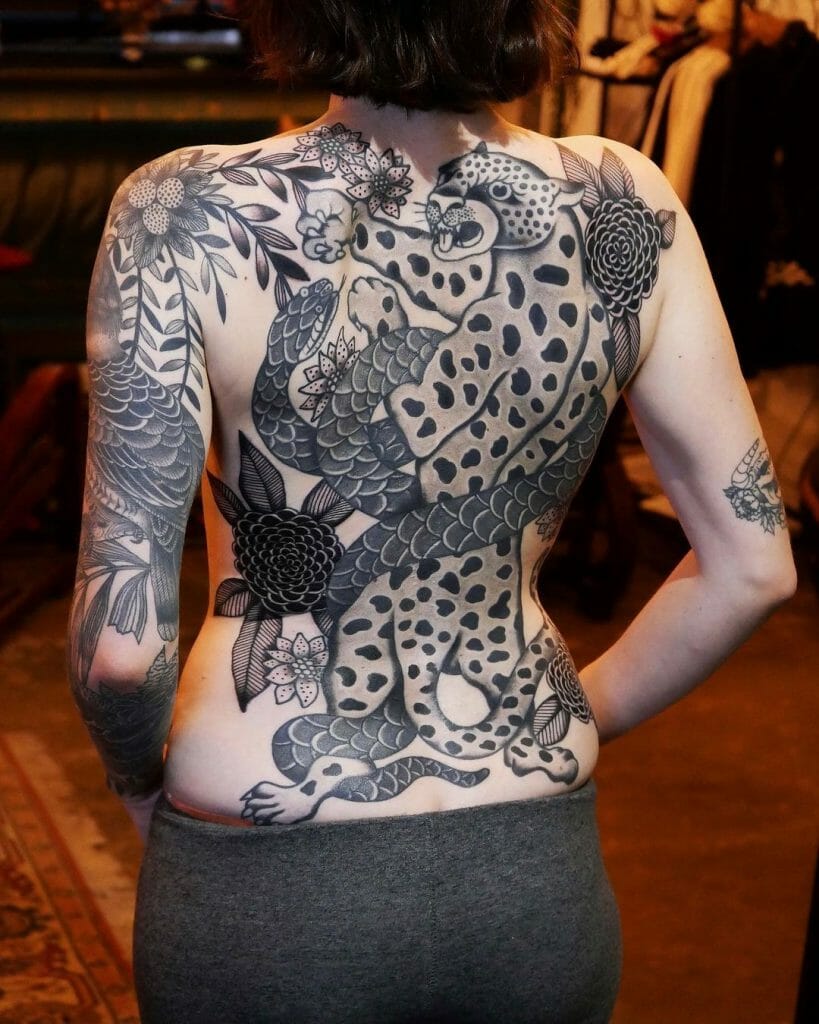 The Warrior Serpent and Panther Back Tattoo