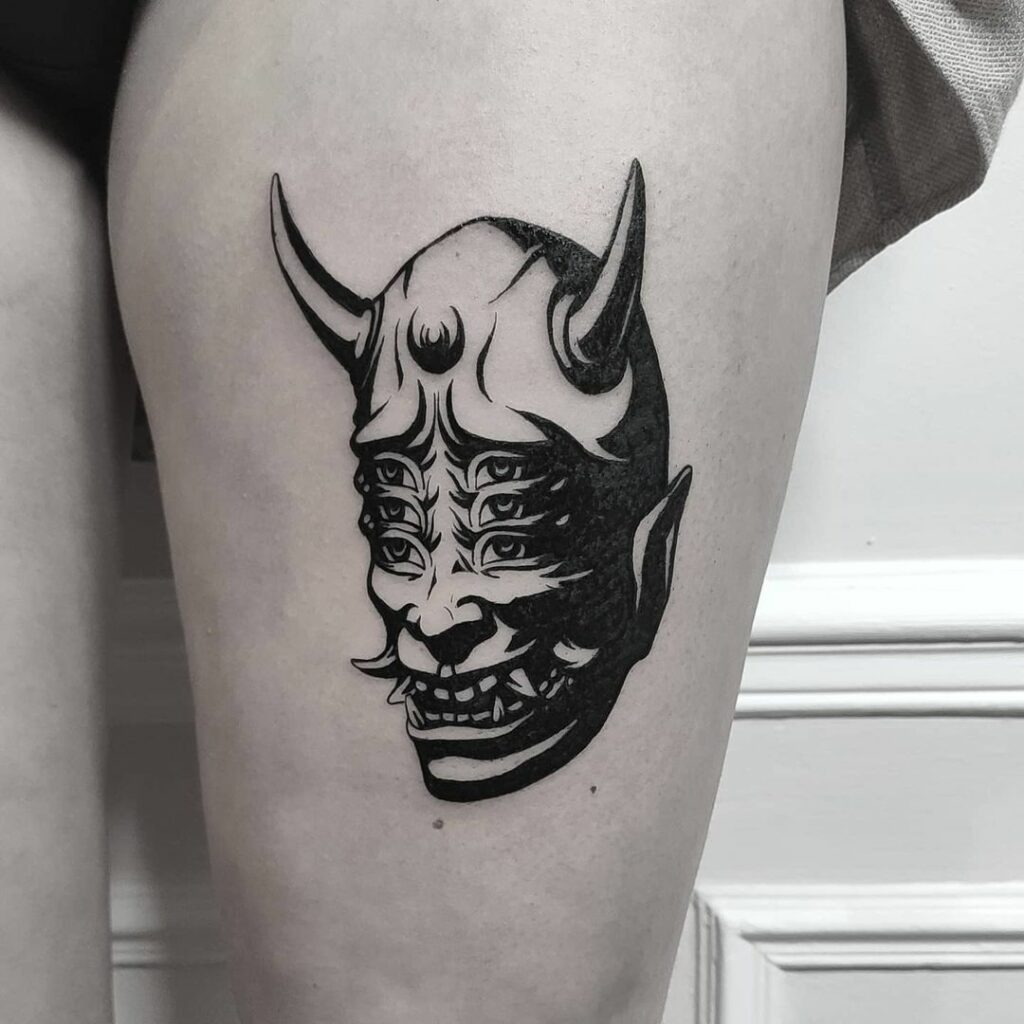 Thigh Oni Mask Tattoo