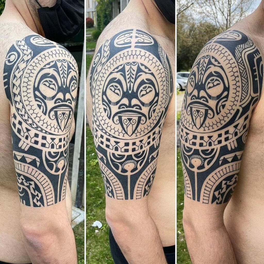Tiki Mask And Pattern Tattoo