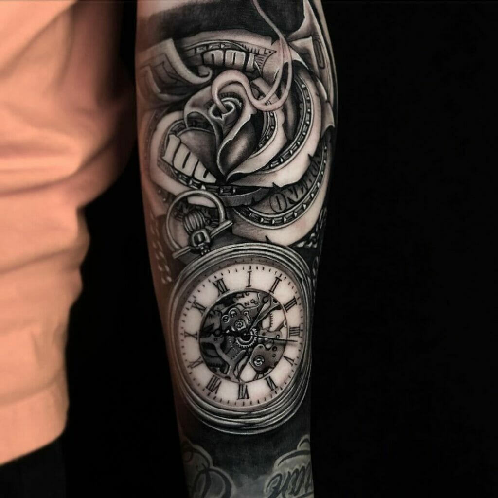 'Time Is Money' Rose Tattoo