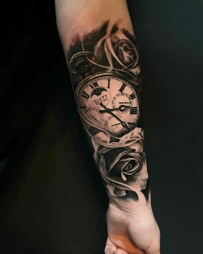 Timepiece And Realistic Black Rose Tattoo