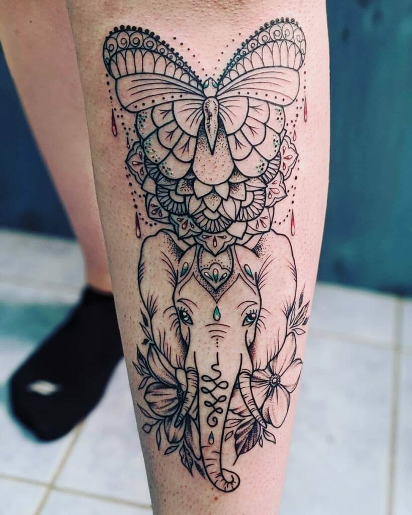 Traditional Butterfly Mandala With Elephant Head Tattoo