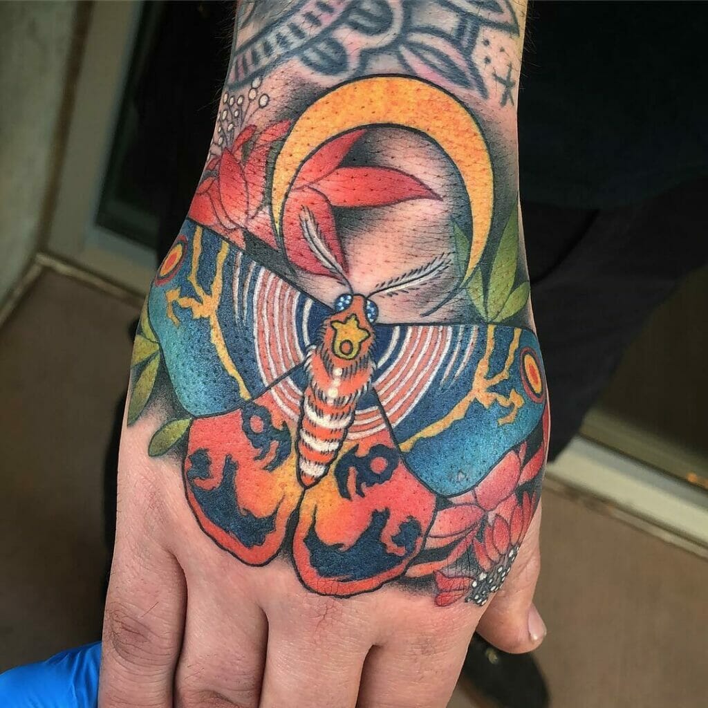 Traditional Hand Mothra Tattoo
