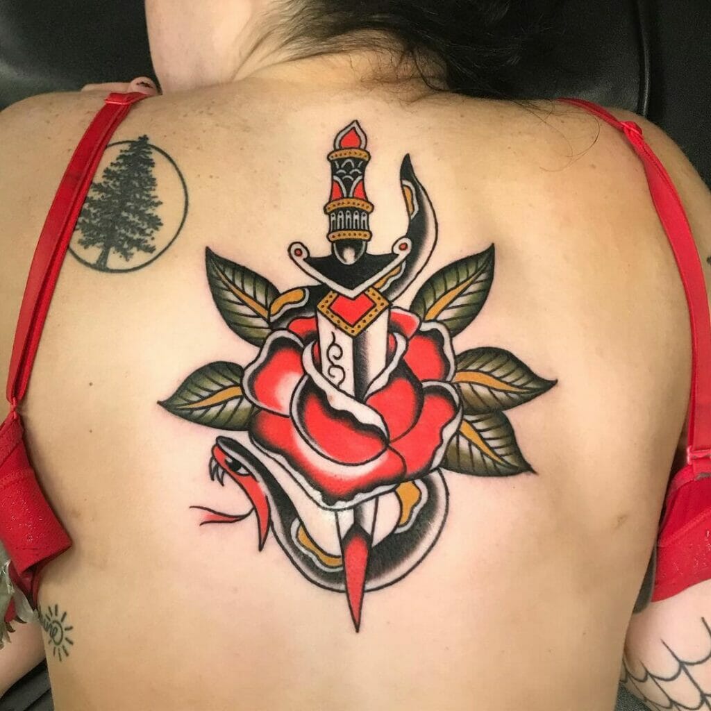 Traditional Rose, Snake and Dagger Tattoo