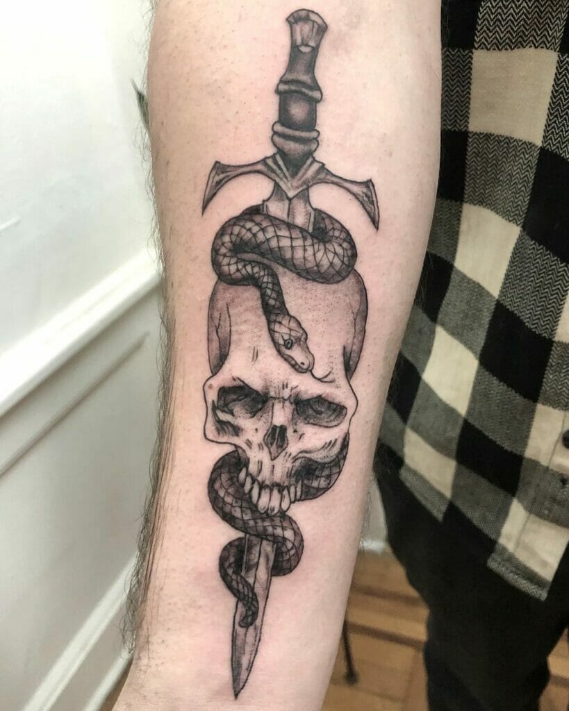 Traditional Skull And Dagger Tattoo Wrapped By The Serpent