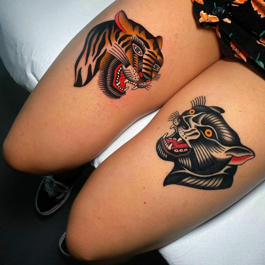 Traditional Tiger And Panther Tattoo