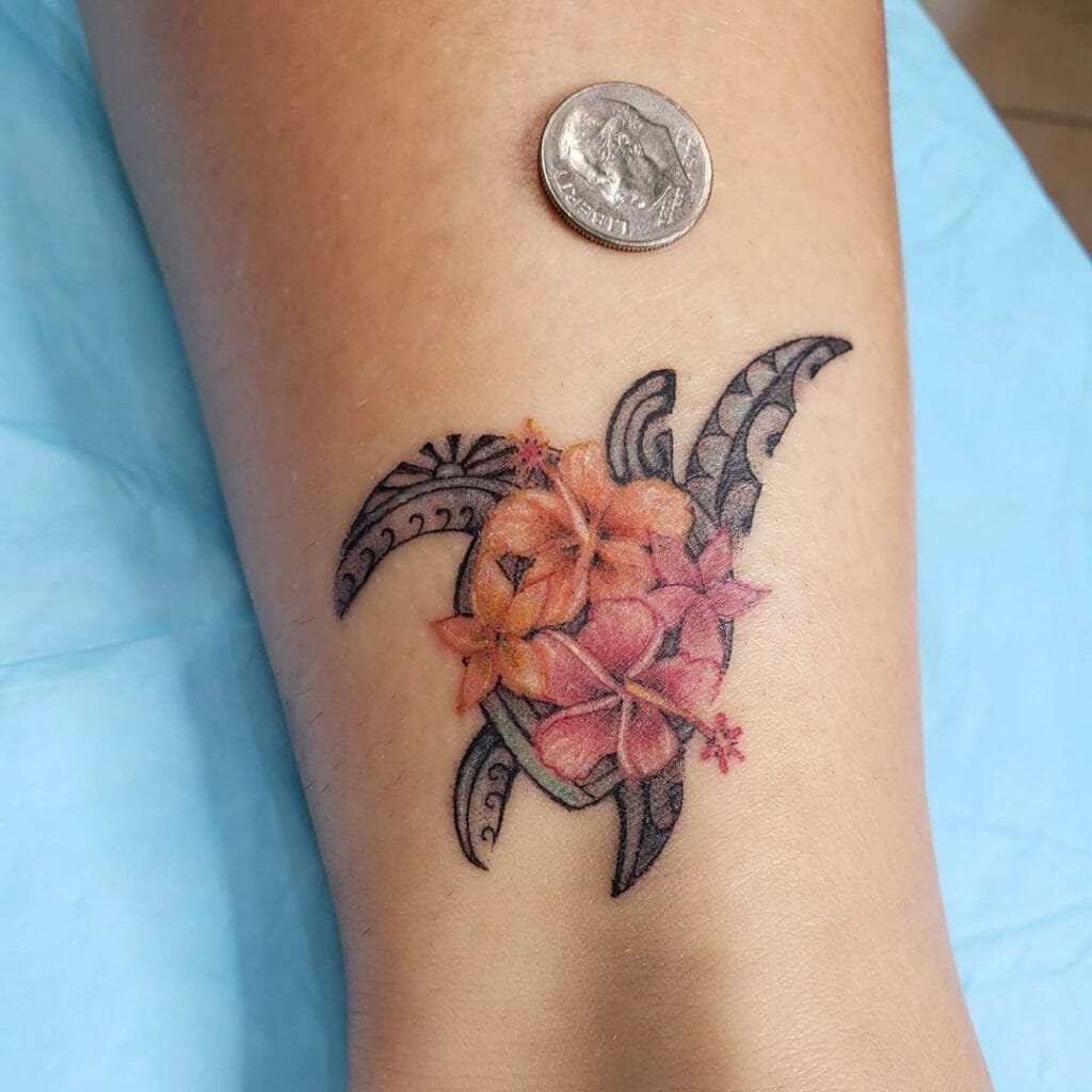 Tribal Sea Turtle Tattoo With Flowers
