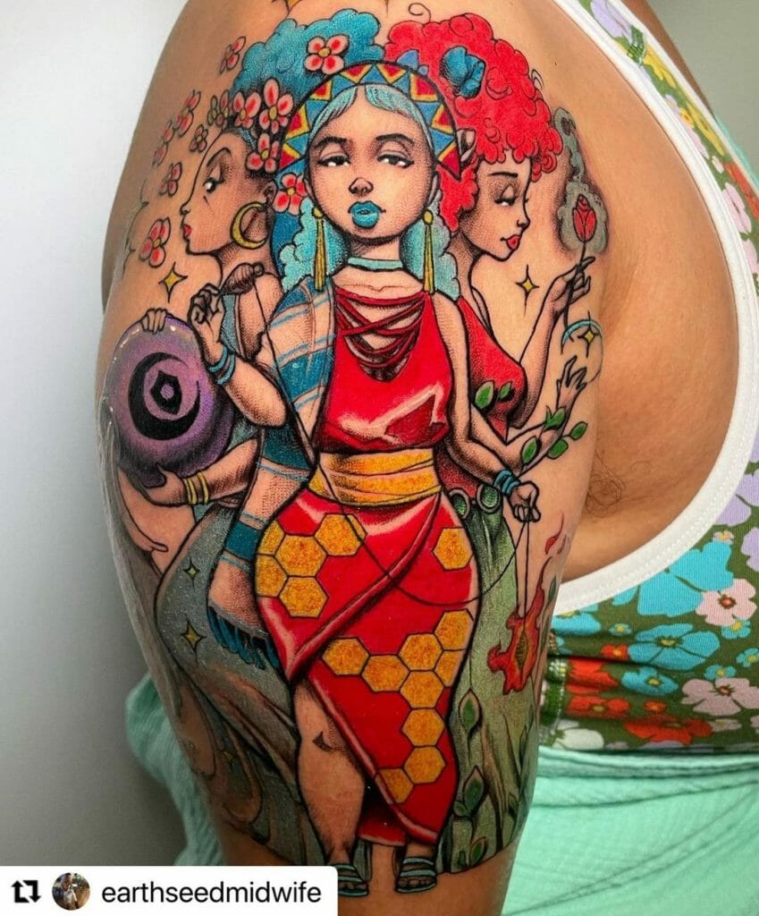 Triple Goddess Coloured Tattoo For Brown Skin