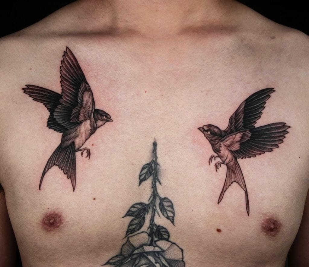 Two Swallows Chest Tattoos