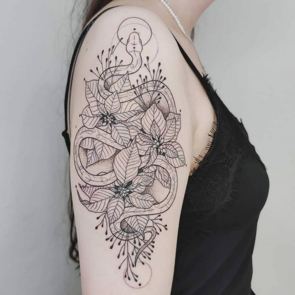 Upper Arm Snake And Flower Tattoo
