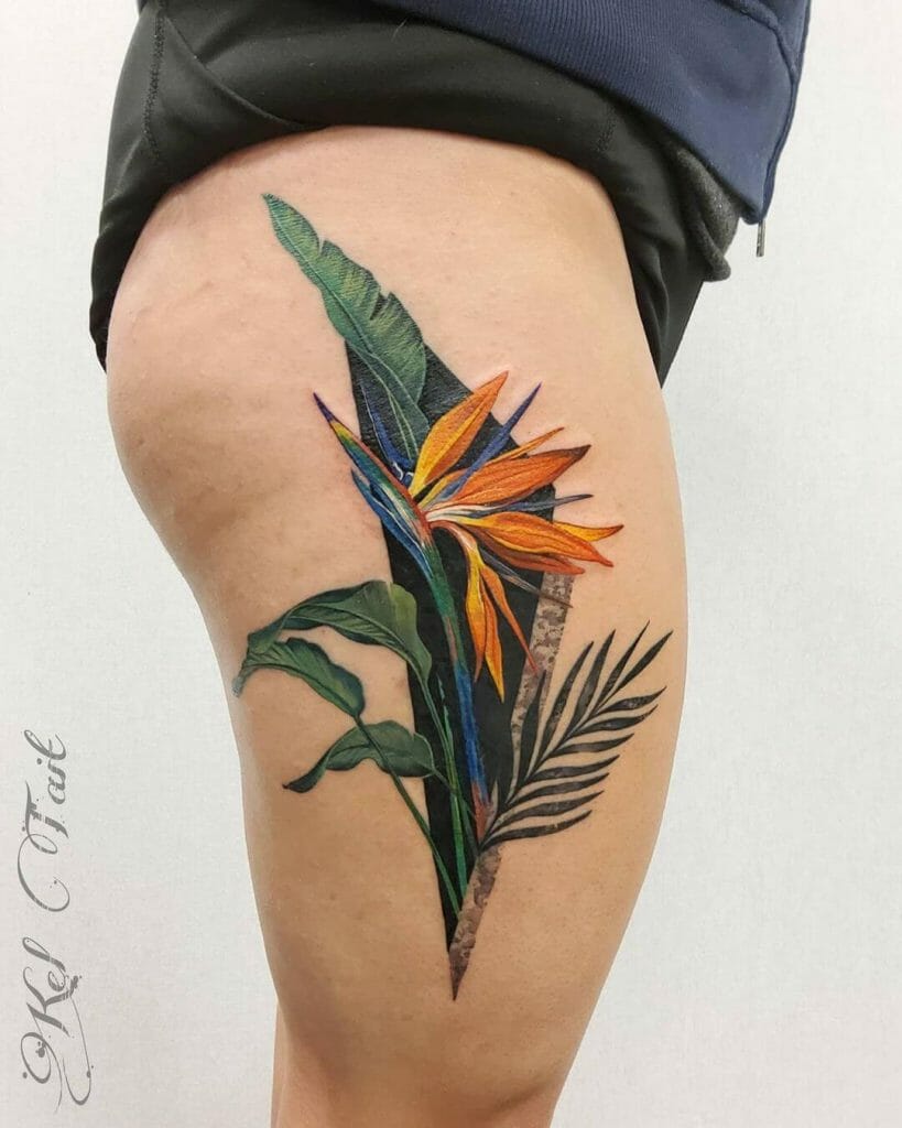 Vibrantly Colourful Bird Of Paradise Flower Tattoo Designs
