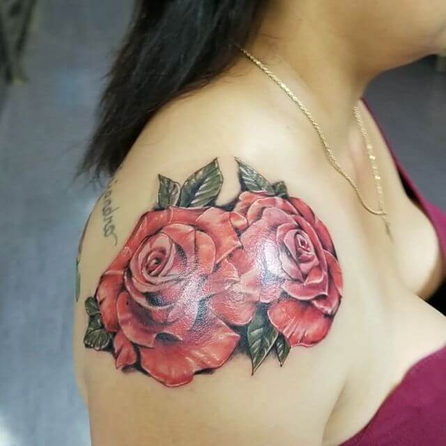 Vibrantly Colourful Rose Shoulder Tattoo