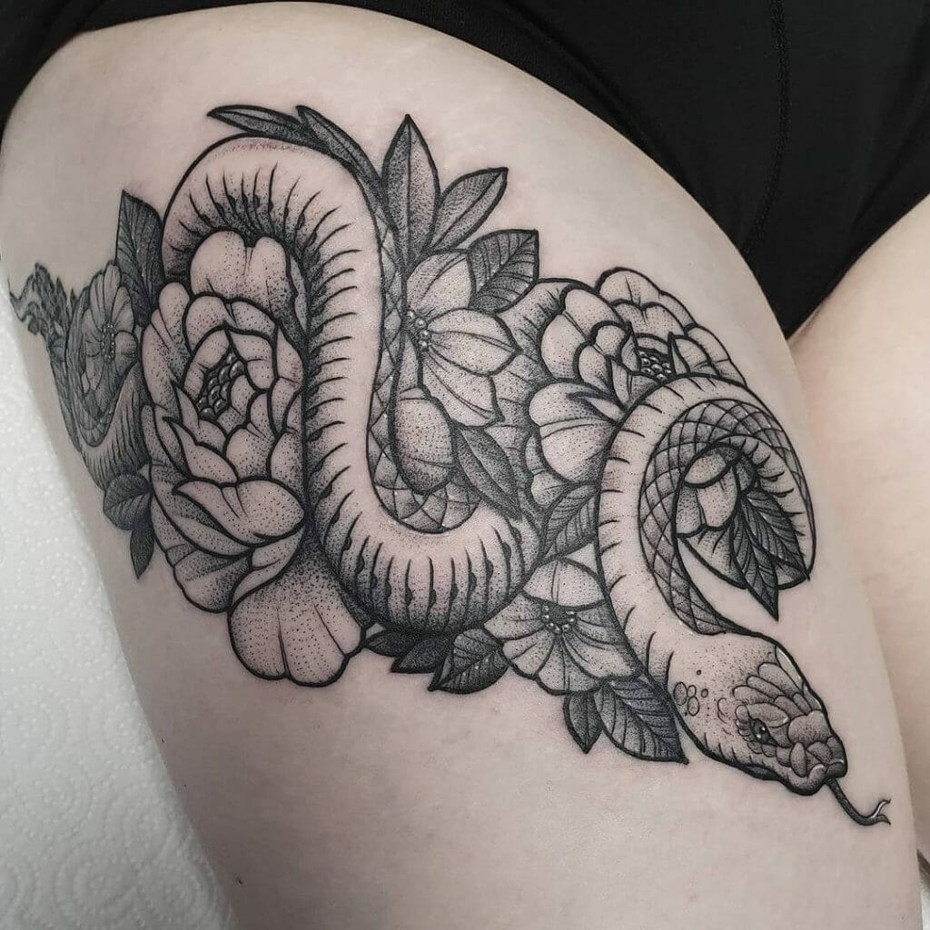 Viper Snake And Flower Tattoo