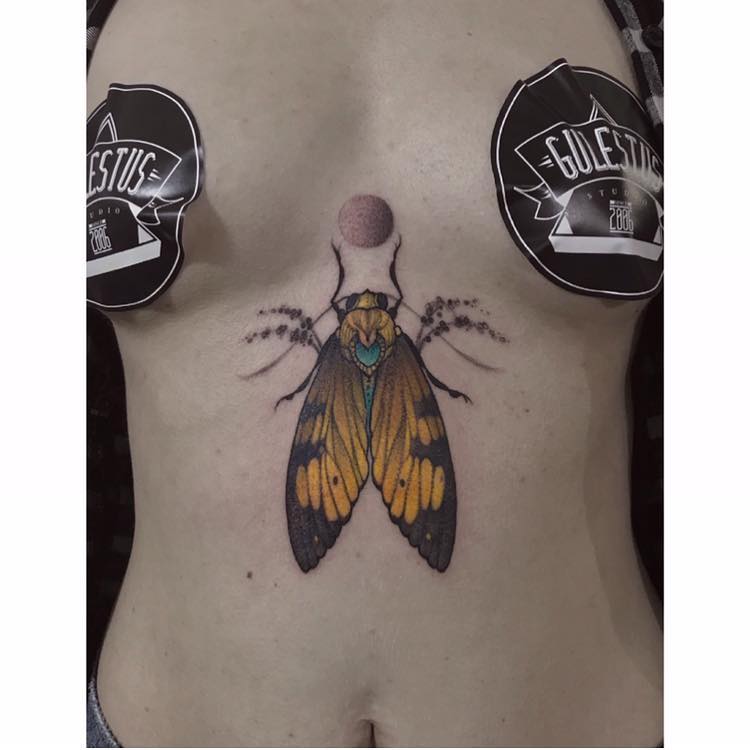Warm Sternum Tattoos With Mystic Moths
